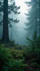 Obraz premium Fir tree foliage glistens in misty atmosphere, mist, forest, fog