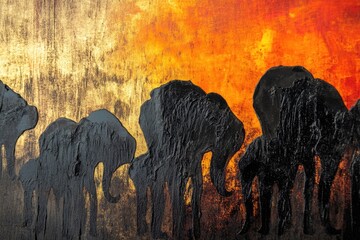 Silhouetted elephants against a fiery sunset, textured abstract art.