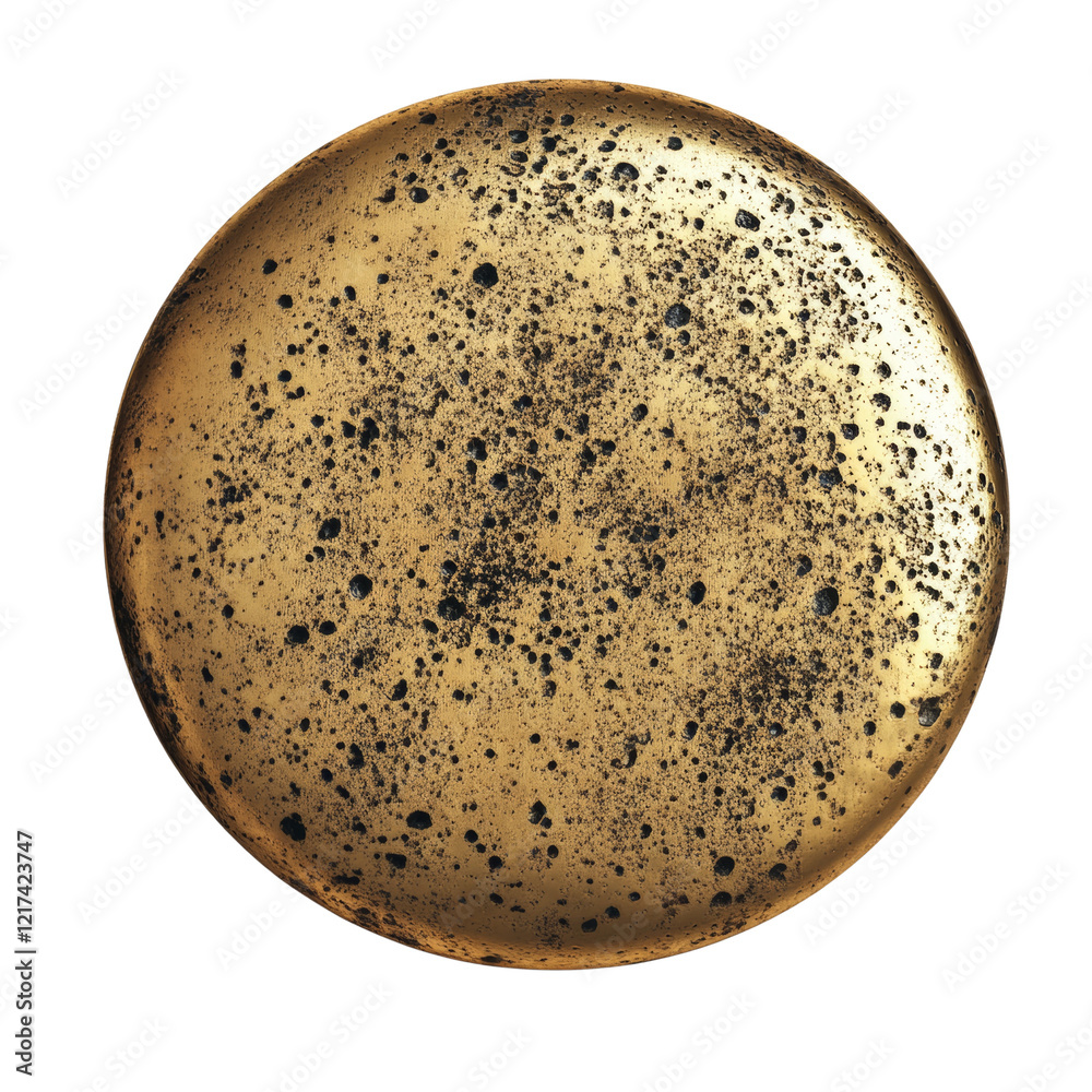 Poster a close-up image showcases a round golden object featuring a unique speckled dark pattern across its