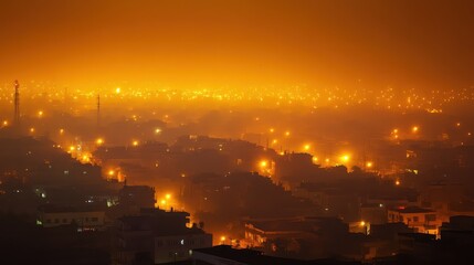 Fototapeta premium Evening city skyline veiled in heavy smog, golden light piercing through the haze, highlighting air pollutions impact.