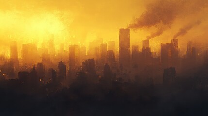 Fototapeta premium Evening city skyline veiled in heavy smog, golden light piercing through the haze, highlighting air pollutions impact.