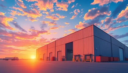 Logistics Warehouse Building at Sunset with Blue Sky