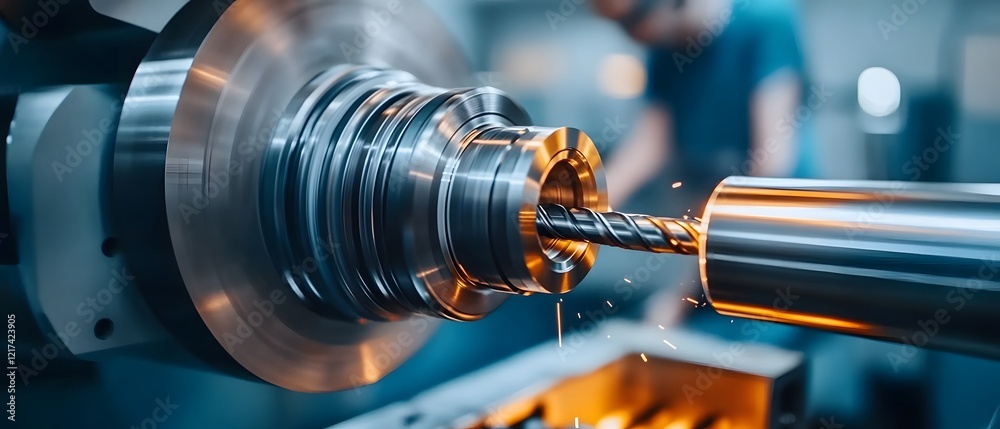 Leinwandbilder high precision machining process with metal lathe and drill bit creating sparks in a modern industri