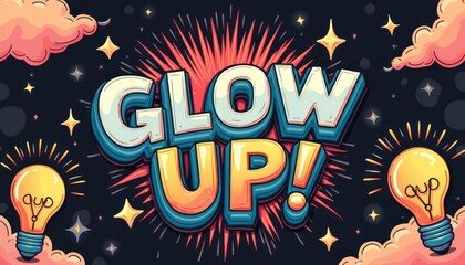 This vibrant illustration features the bold phrase Glow Up surrounded by glowing light bulbs and sparkling stars, set against a dark background. The energetic colors and dynamic design evoke feelings