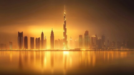 Obraz premium Evening city skyline veiled in heavy smog, golden light piercing through the haze, highlighting air pollutions impact.
