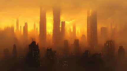 Fototapeta premium Evening city skyline veiled in heavy smog, golden light piercing through the haze, highlighting air pollutions impact.