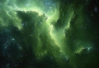 green nebula in space, green glowing stars, green gas cloud, space background, space wallpaper