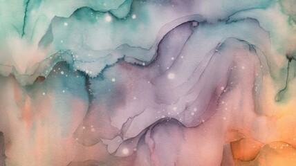Fototapeta premium An abstract watercolor painting featuring soft hues of teal, pastel pinks, and gentle purples, creating a dreamy and ethereal atmosphere.