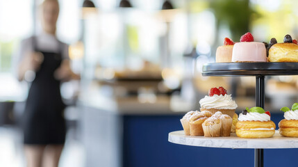 cozy cafe display featuring delicious pastries and desserts, inviting sweet experience