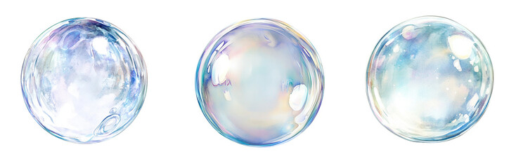 The image showcases three watercolor-painted soap bubbles with iridescent, translucent surfaces against a stark black backdrop.