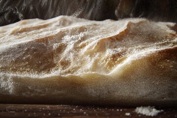 Obraz premium Close-up of freshly baked bread, steaming and dusted with flour, showcasing its golden-brown crust and texture.