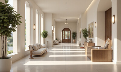 Fototapeta premium Minimalist Waiting Room with Neutral Tones A clean, neutral-toned waiting room with a minimalist wooden desk and plush seating. Soft overhead ambient lighting
