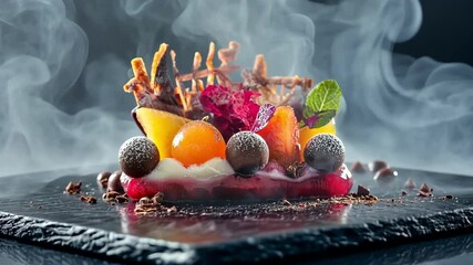 Molecular cuisine dessert with chocolate spheres, fresh fruits, edible leaves and creative plating on black slate with smoke effect. 4K video