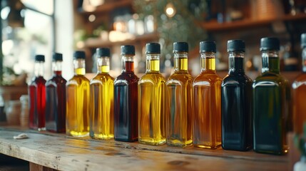Olive oils, vinegars, shop display, rustic background, food retail