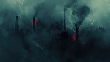 Obraz premium Factory chimneys emitting dense smoke into the atmosphere, creating a thick layer of smog, dark industrial landscape..