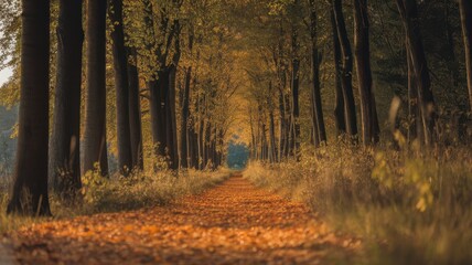 Obraz premium A serene autumn pathway flanked by tall trees, with a carpet of fallen leaves creating a warm and inviting atmosphere.