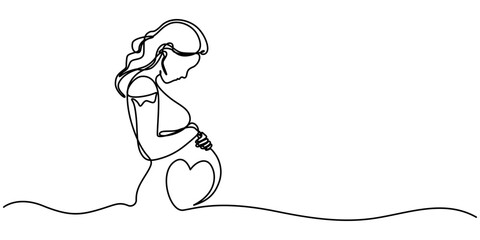Continuous line drawing of a pregnant woman. One line drawing of a pregnant woman. Pregnant belly. Minimalist contour illustration of a happy mother, Pregnant Woman Continuous Line Icon,  Concept for.