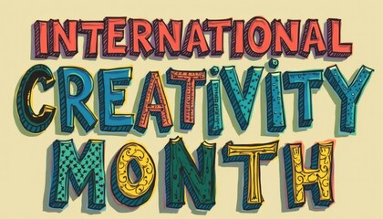 A vibrant and playful design showcases the phrase International Creativity Month in bold, artistic lettering. Each letter bursts with unique colors and patterns, radiating a sense of joy and