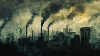 Obraz premium Factory chimneys emitting dense smoke into the atmosphere, creating a thick layer of smog, dark industrial landscape..