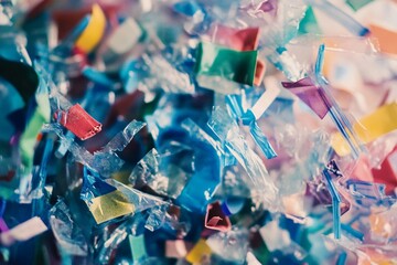 Colorful plastic scraps scattered across a textured surface in a creative environment showcasing recycling potential. Generative AI