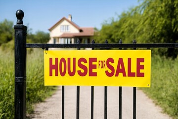Obraz premium House for sale, A bright yellow 'House For Sale' sign stands prominently on a black gate, leading to a charming house surrounded by greenery on a sunny day. real estate, available for selling