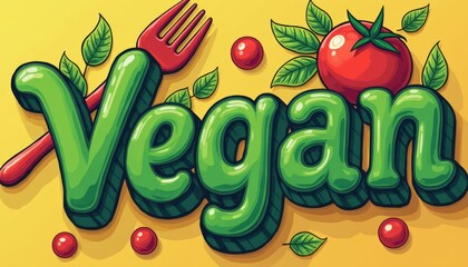 This eye-catching graphic features the word Vegan in bold, green letters, surrounded by fresh tomatoes and leafy accents. The lively colors and playful design evoke a sense of health and vitality