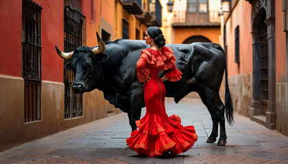 Elegant Woman in Flamenco Dress Standing with Bull on a Cobblestone Street.