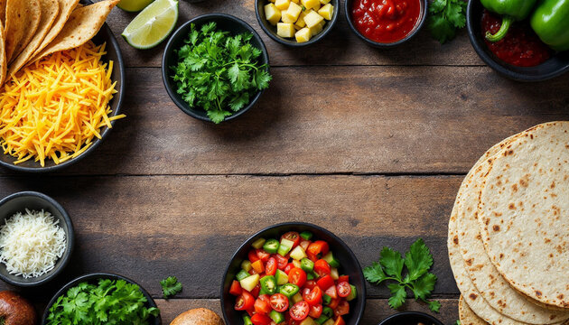Colorful ingredients spread out on a wooden table for preparing fresh tacos during a casual gathering