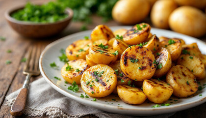 Grilled potatoes garnished with herbs served on a plate, surrounded by fresh ingredients in a cozy kitchen setting