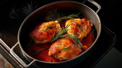 Fototapeta premium Rosemary sprigs placed over a sizzling roast chicken in a baking dish.