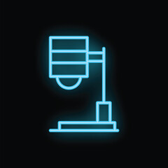 Blue neon icon of a desk lamp glowing on a black background