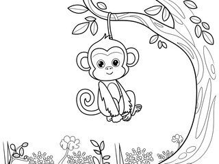 a cute little monkey hanging with branch a coloring page for kids