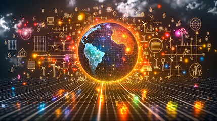 Fototapeta premium digital artwork featuring Earth surrounded by colorful icons representing renewable energy, technology, and sustainability. vibrant design conveys sense of innovation and global awareness