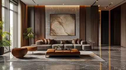 a living room with a couch, chair, ottoman and coffee table, Elegant living room with layered monochrome abstract wall art.