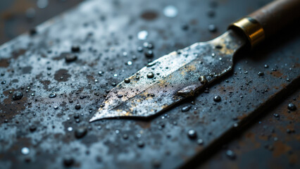Close-up view of a dirty metalworking tool on a wooden surface.