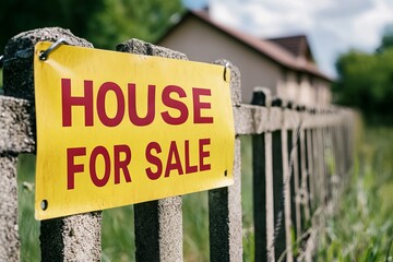 Fototapeta premium House for sale, A bright yellow 'House for Sale' sign on a weathered fence, signaling potential buyers in a suburban area with a residential home in the background. real estate, available for selling