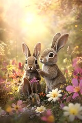Whimsical Bunny Family Hopping Through Colorful Wildflower Meadow in Dreamy Nature Scene