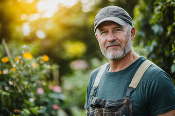 Image of smiling landscaping and gardening contractor in backyard garden generative ai