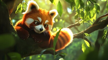 Fototapeta premium Adorable 3D Red Panda Perched on Tree Branch Surrounded by Vibrant Green Foliage