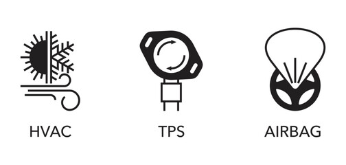 Car service icons set - HVAC, TPS and airbag. In monochrome style
