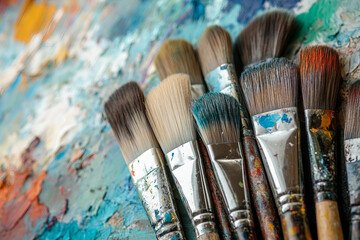 Fototapeta premium Generative AI image of painting brushes resting on a colorful textured artist canvas