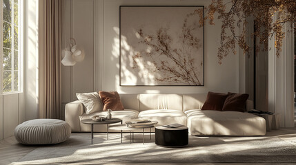 A modern living room featuring a sectional sofa, round coffee table, textured rug, A beautiful modern living room with a white sofa,