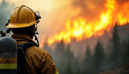 Firefighter observes raging wildfire threatening forest during late afternoon hours in a remote area