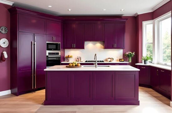 Modern Kitchen Interior in the color Plum Royale. Color of the year 2025 according to Creative market
