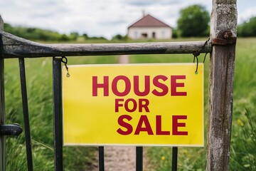 Fototapeta premium House for sale, A bright yellow 'House For Sale' sign prominently displayed on a rustic gate, inviting potential buyers to explore the property in the distance. real estate, available for selling
