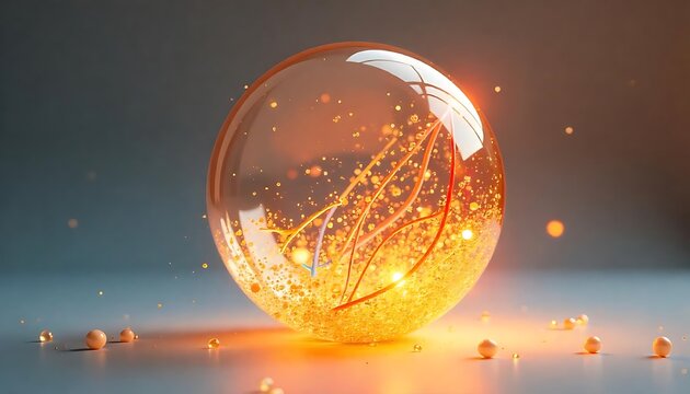Abstract glass orb with floating glitter and thin wires in orange and gold light - Powered by Adobe