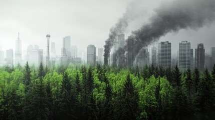 Forest transitioning from green to gray smog-filled air, environmental destruction and pollution awareness concept.