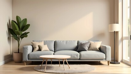 Fototapeta premium A living room with a gray sofa and a round table in front of it. Minimalist interior design in a modern living room