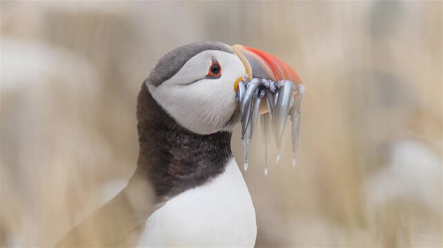 puffin with fish close-up