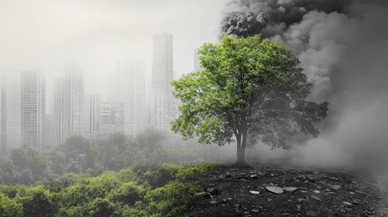 Forest transitioning from green to gray smog-filled air, environmental destruction and pollution awareness concept.